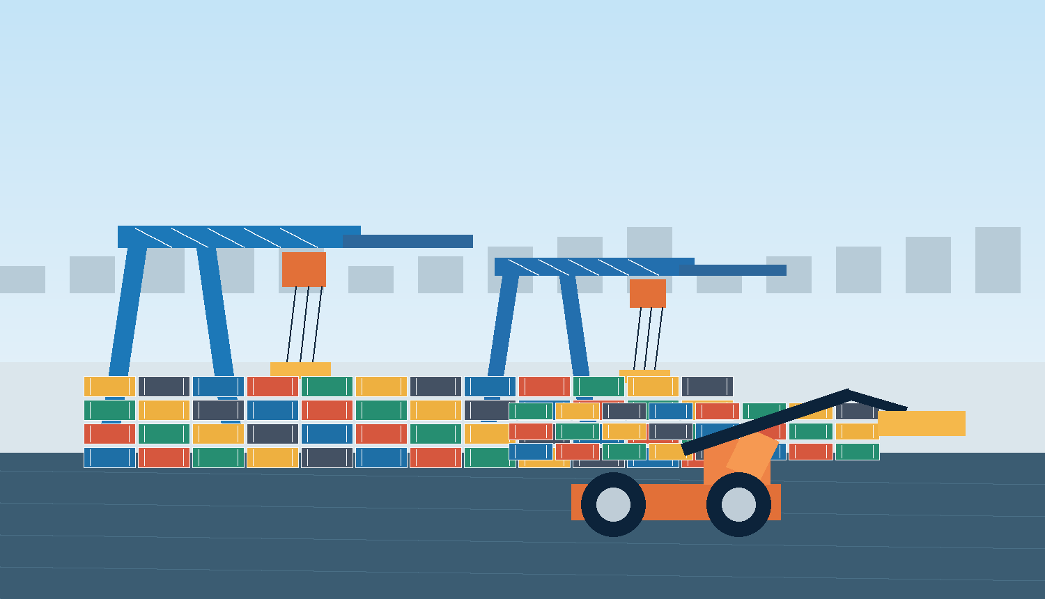 Container terminal with port cranes and reach stacker